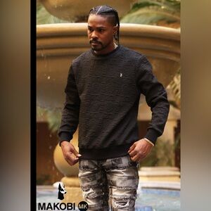 Black Makobi Jacquard Sweatshirt for Men, Round Neck, Textured Pattern Size M